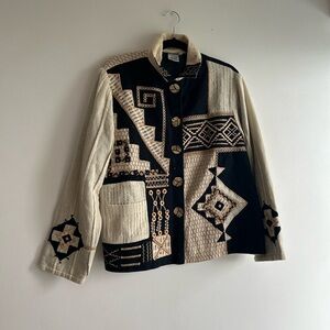 Vintage Parsley & Sage Black and Cream folk art mixed media embroidered blazer